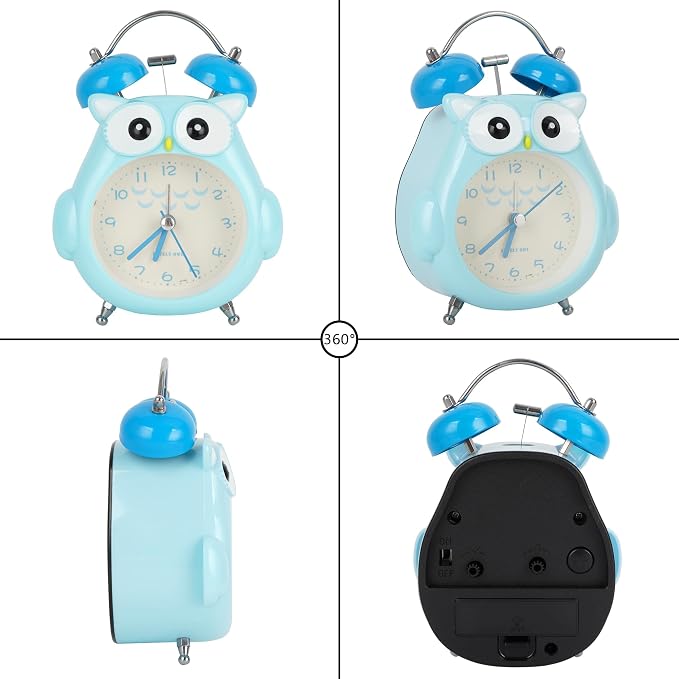 Aisi Kids Alarm Clock Cute Cartoon Owl Loud Bell Alarm Clock Non-Ticking Desk Clock with Night Light, Blue, nz-06336-04S