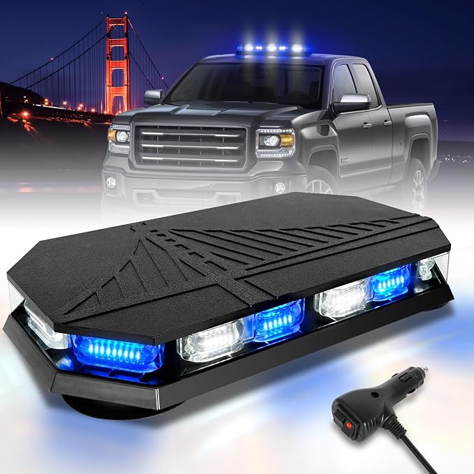 HLauto 406D Rooftop Emergency Strobe Lights Bar, 102 LED Blue White Mini Beacon Safety Flashing Warning Traffic Lights Bar w/Magnetic Base for 12-24V Trucks, Construction Vehicles, Snowplow, Cars