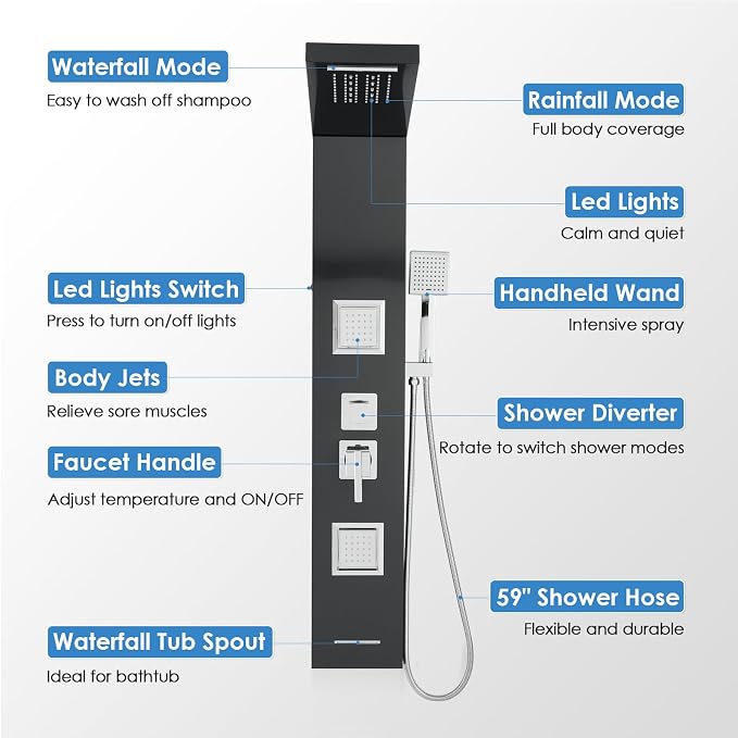 ROVOGO Shower Panel Tower System with Led Lights - Battery Powered, 46.5" | Rainfall Waterfall Shower Head, 2 Body Jets, Handheld and Tub Spout, Stainless Steel Shower Column with Brass Valves, Black