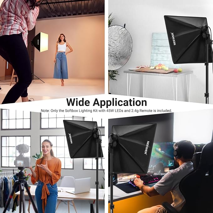 NEEWER 24"x24" Softbox Lighting Kit with Tripod Stand, 45W Bi Color 2.4G LED Bulb, 66' Remote Control 10 Channels 2900K-7000K 1400lx/1m CRI95 Studio Photography Video Recording Continuous Light, NK104 | 45W Bi Color 2.4G LED Bulb, Remote, 10 Channels, ...
