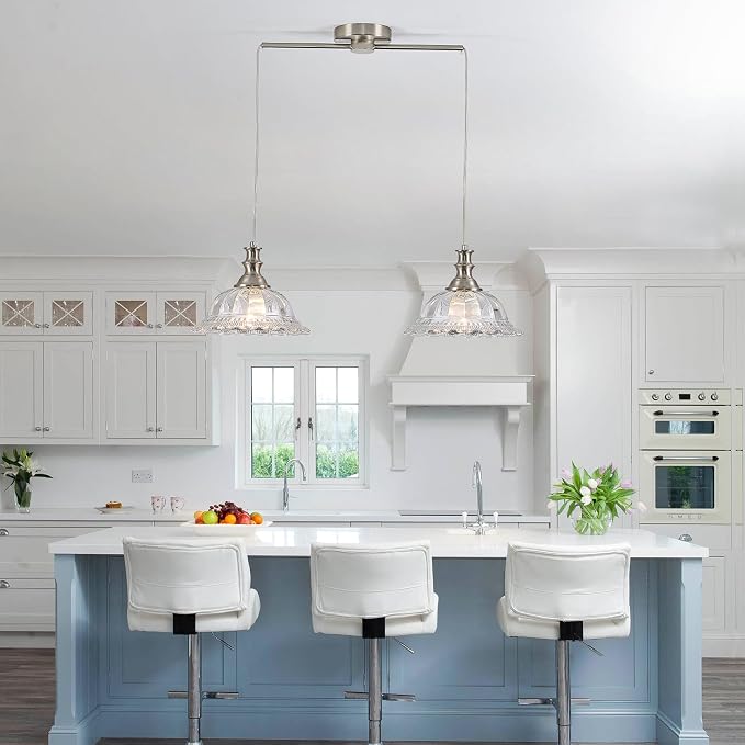 HDDFL 2 Light Pendant Light Fixtures Modern Glass Hanging Lights with Adjustable Cord for Kitchen Island Dining Room Living Room Hallway Brushed Nickel Metal