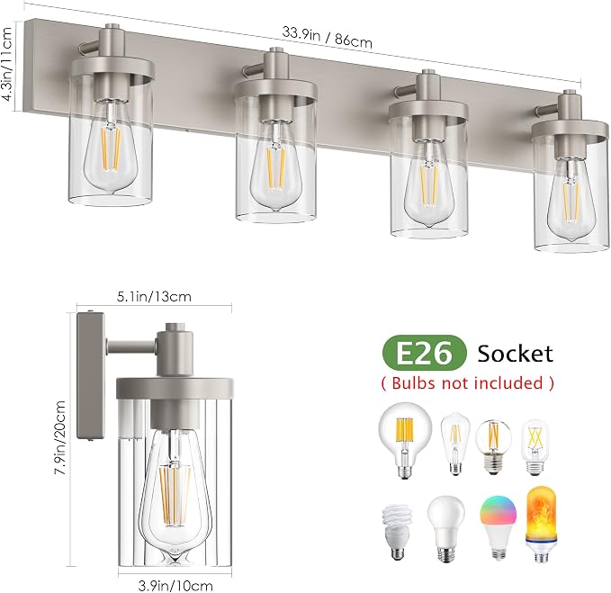 Aipsun Brushed Nickel Bathroom Light Fixtures 4 Lights Vanity Light for Bathroom Lighting Fixtures Over Mirror(Exclude Bulb)