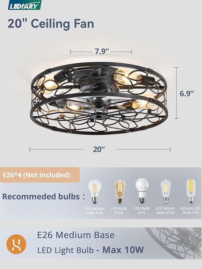 LEDIARY 20" Caged Ceiling Fan with Light, Flush Mount Fandalier with Remote | Low Profile, Farmhouse Small, Bladeless Industrial, Quiet DC Motor, App Control for Bedroom, Kitchen, Dining Room, Black