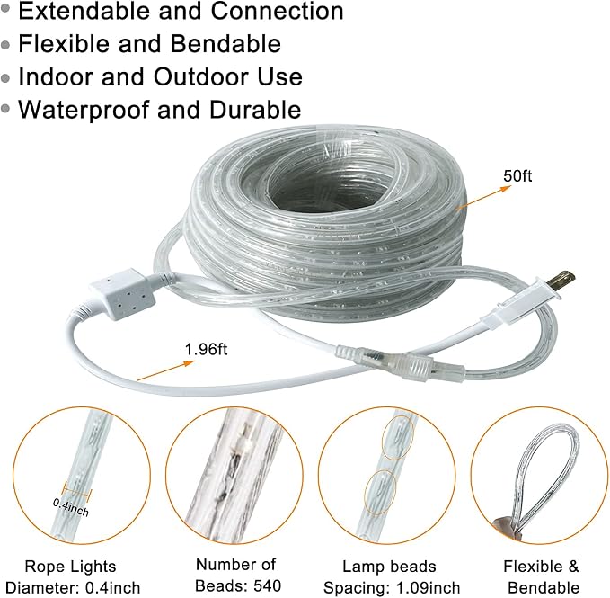 LED Rope Lights Outdoor Warm White, Waterproof 50FT Cuttable 3000K Lighting Indoor 110V Connectable Flexible Electric Lights for Christmas Trees Bedroom Outside Patio Decor, Not Flat Strip