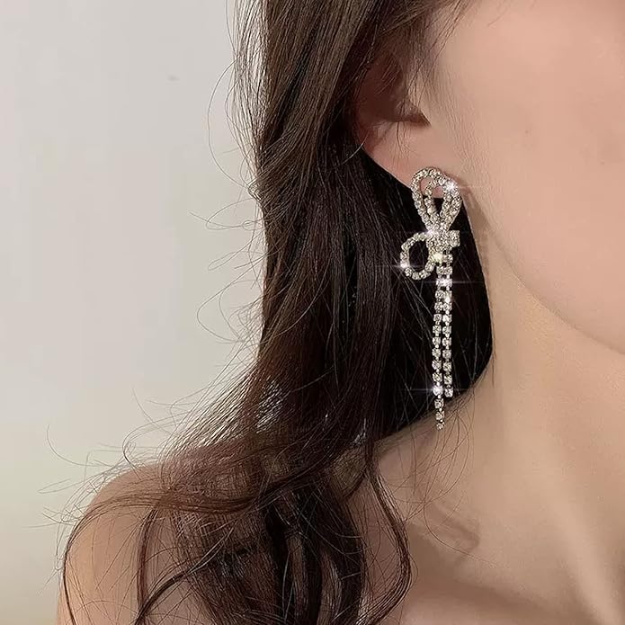 Luxval Rhinestone Earrings Dangling for Women Sparkly Silver Dangle Earrings Girls Long Chandelier Earrings Tassel Lightweight Ear Studs Cubic Zirconia Crystal Statement