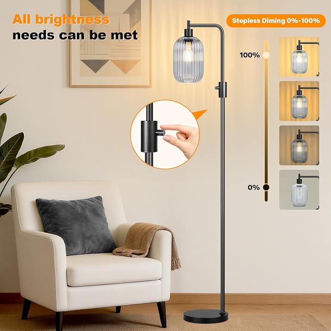 【Upgraded】 Dimmable Floor Lamp for Living Room with Gray Ribbed Glass Lampshade, Black Modern Floor Lamp with 900LM LED Bulb Included, Arc Standing Tall Lamp for Bedroom, Office, Reading Room, Corner