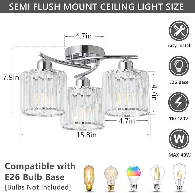 Crystal Close to Ceiling Light Fixtures,3-Light Chrome Modern Semi Flush Mount Ceiling Light,Kitchen Light Fixture with Clear Crystal Shades,Hallway Lighting Fixture for Entryway Bedroom Bathroom