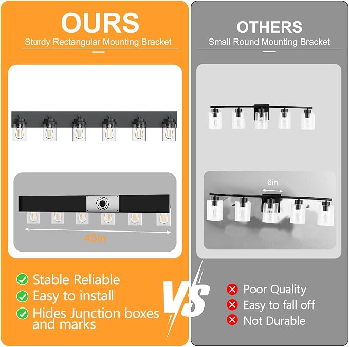 IZORRO Bathroom Vanity Light Fixture, 6-Light 46 Inch Matte Black Bathroom Light Fixtures Over Mirror, with Clear Glass Shade, Modern Farmhouse Vanity Lights, Rustic Restroom Lighting Fixtures