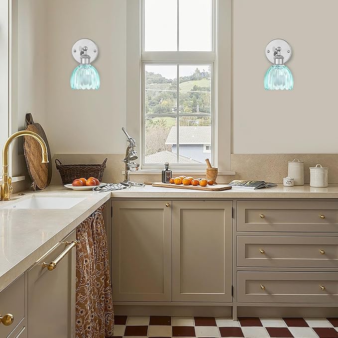 Vintage Battery Operated Wall Sconce, Sky Blue Tulip Glass Lampshade Wireless Rechargeable Battery Powered LED Wall Light with Remote Dimmable for Bedside Bedroom Living Room, Silver, Set of 2
