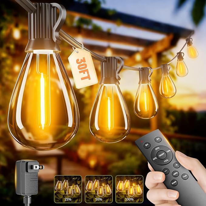 30FT Outdoor String Lights with Remote & Dimmable, 10+1 Shatterproof Waterproof Bulbs, Dimmable Outside Hanging Patio Lights for Backyard, Porch, Deck, Garden 2200K Warm White
