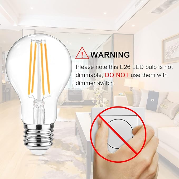 Ascher 60 Watt Equivalent, E26 LED Filament Light Bulbs, Warm White 2700K, Non-Dimmable, Classic Clear Glass, A19 LED Light Bulb with 80 CRI, Pack of 12