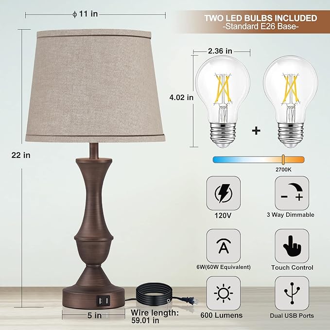 Luvkczc Touch Table Lamps Set of 2, 22" Tall Bedside Lamps with USB C+A Ports, Dimmable Table Lamp, Nightstand Lamps for Bedroom, Living Room, Office, Brown Lamps with Beige Lampshade, Bulbs Included
