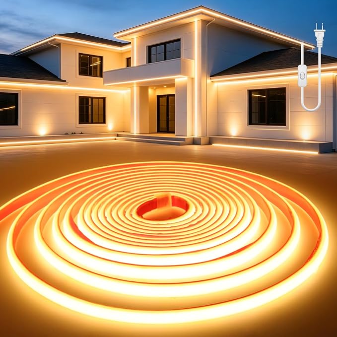COB LED Strip Lights Waterproof 16.4Ft Self-Adhesive Outdoor 110V Warm White 3000K LED Neon 10mm Width Rope Tape Lighting 320LED/M Cuttable Super Bright for Under Cabinets Garden Kitchen
