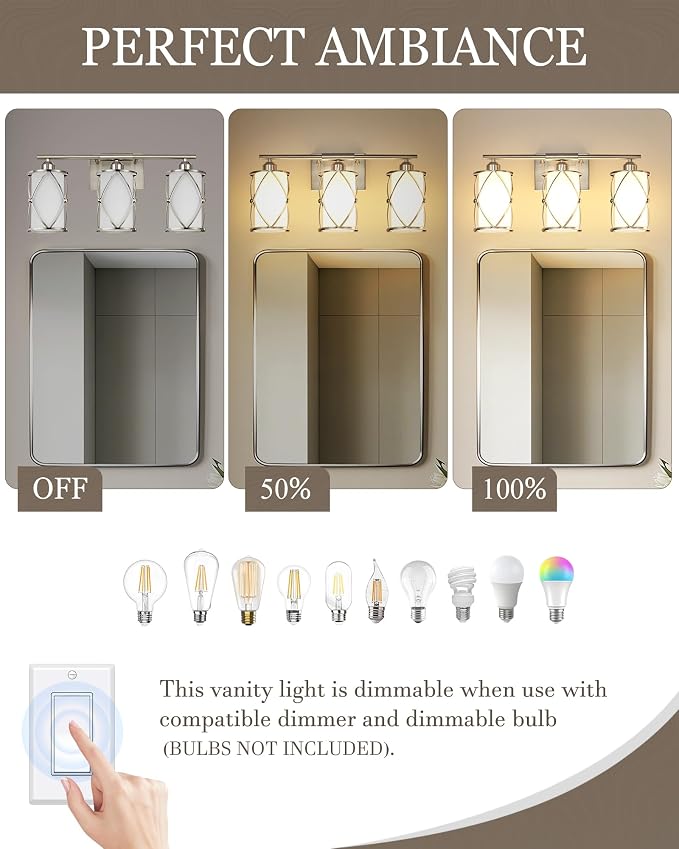 3-Light Brushed Nickel Bathroom Light Fixtures with Milk Frosted Glass, 21" Modern Bathroom Vanity Lighting Fixtures Over Mirror with Metal Cage, Wall Sconce Lights for Bath, E26, CH9176BNW-3W