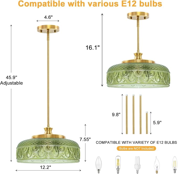 3-Light Pendant Light, Adjustable Pendant Lights Kitchen Island, Green | Farmhouse Pendant Ceiling Hanging Light Fixtures with Glass Shade for Living Room Corridor, Height Angle Adjustable, 3*E12