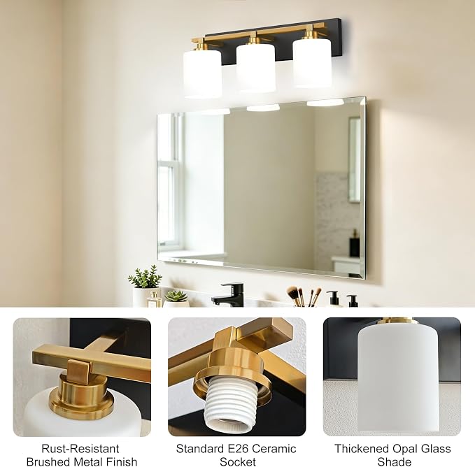 Black and Gold Bathroom Light Fixture, Modern 3 Light Vanity Lights for Bathroom Lighting Fixtures Over Mirror, White Glass Lampshade, Master & Guest bathrooms Bathroom Remodel, 20-inch