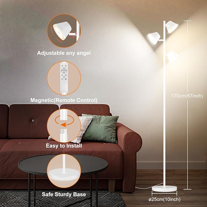 42W Tree Floor Lamp, Super Bright LED Standing Lamp with Remote, Modern Dimmable Floor Lamps,Individual Control, Rotable Head LED Lamp for Living Room Bedroom Office,White