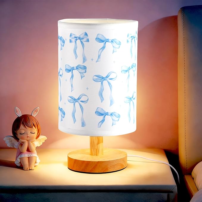 Lonfliness Blue Bow Kids Table Lamp Kids Bedside Lamp Bedroom LED Night Light with Linen Wooden Nightstand Cartoon Nursery Lampshade for Girls Boys Living Room