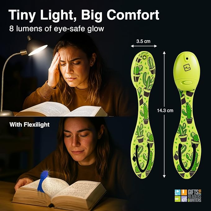 Gifts for Readers & Writers Book Light, Clip On Reading Light for Bed, 2in1 Flexilight & Bookmark, Small & Lightweight with a Soft Glow, 2 Batteries Included, Cactus