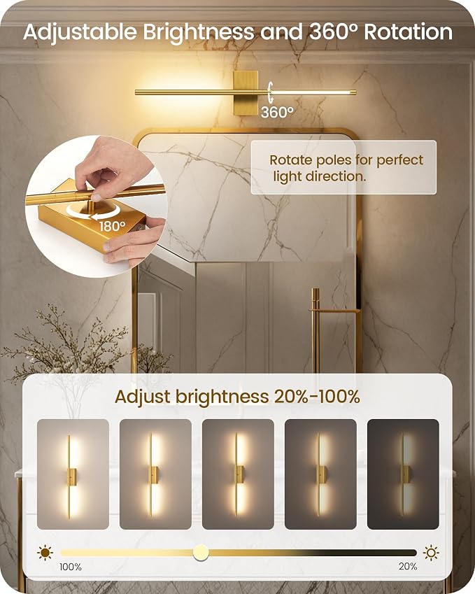 27.6" Wireless Battery Operated Wall Sconces Set of 2, Modern Rechargeable Lamp with Remote, 360° Rotation, 10000mAh, Touch Dimmable Lights for Bedroom, Living Room, Hallway, Gold D06YBP205