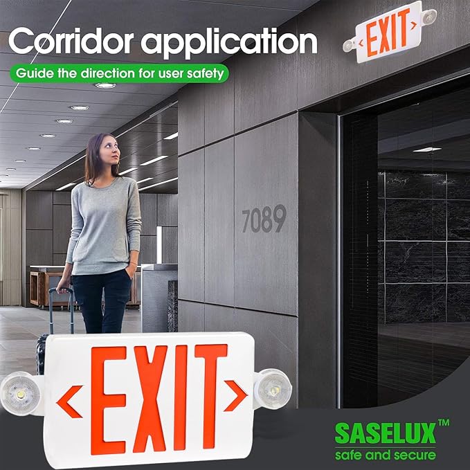 LED Exit Sign with Emergency Lights Dual LED Exit Light,Battery Backup | Two Bright LED Adjustable Heads Emergency Exit Lights, Hardwired Dual LED Combo Exit Lamp. ABS Fire Resistance UL, Red