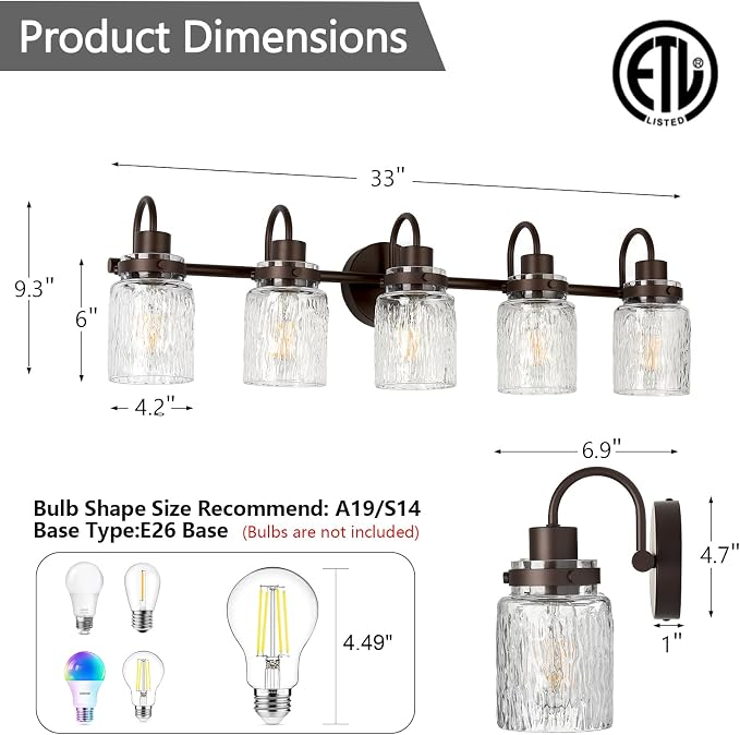 5 Lights Hammered Glass Bathroom Vanity Light, Oil Rubbed Bronze | Easy Installation,Up or Down,Farmhouse Modern Style,E26 Socket,ETL Certification