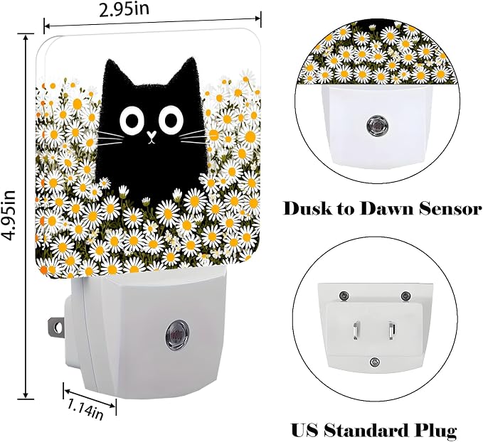 Cute Cat and Daisy Night Light,Plug Into Wall for Boys Girls Bedroom Decorative Square Night Light Lamp 0.5w Sleep Friendly