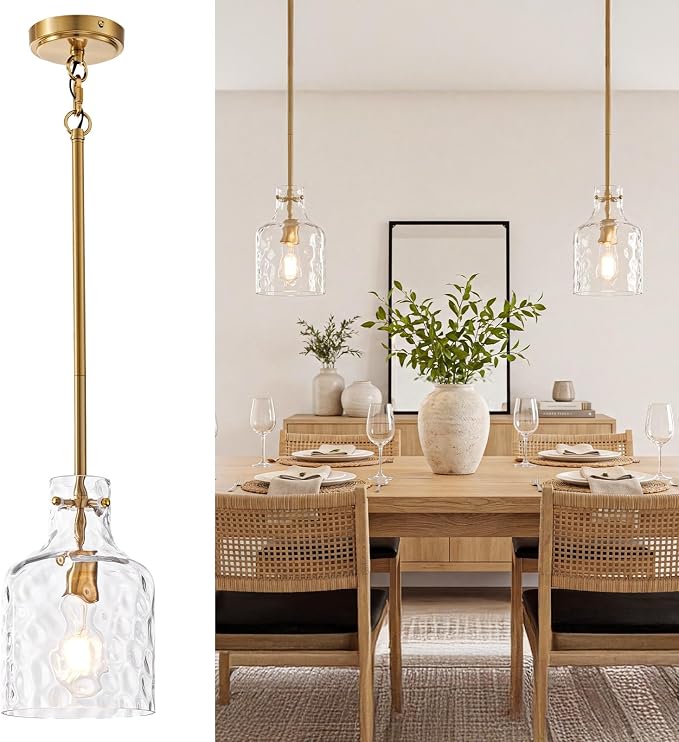 7 Inch Pendant Lights Kitchen Island with Clear Hammered Glass Shade Modern Pendant Light Fixtures Industrial Hanging Ceiling Lights for Kitchen Dining Room Bedroom Entryway, Gold, 1 Pack