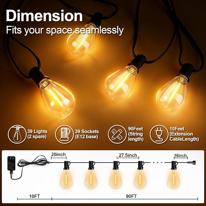 100(90+10)FT Outdoor String Lights, 30m Waterproof Remote LED Patio Lights with 39+2 S11 Bulbs, Dimmable Outside Hanging Lights for House, Porch,Yard,Garden,Connectable Plug-in Gazebo Lighting
