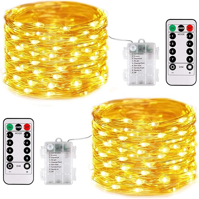 JMEXSUSS 2Pack Fairy Lights Battery Operated, Total 200LED 66ft, Warm White | With Remote, Timer, 8 Modes, Battery Powered Christmas Lights, Twinkle String Lights for Bedroom Tree Indoor Outdoor Decor