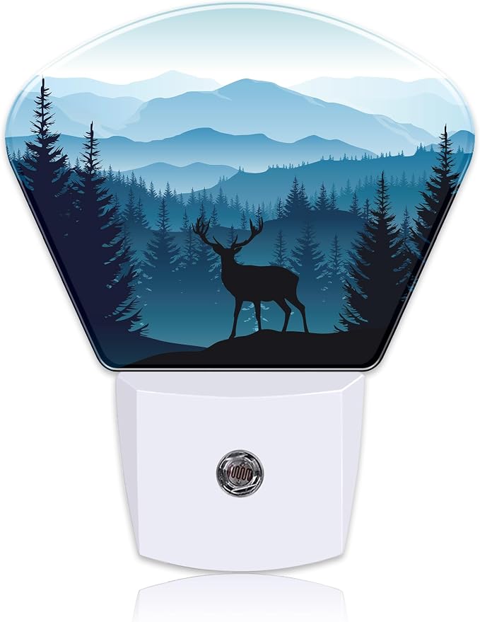 Blue Misty Mountains Plug in Night Lights, Deer Nightlight Plug Into Wall Dusk to Dawn Sensor for Kid Girls Boys Women Men Bedroom, Hallway, Kitchen, Bathroom, Stairs Decor