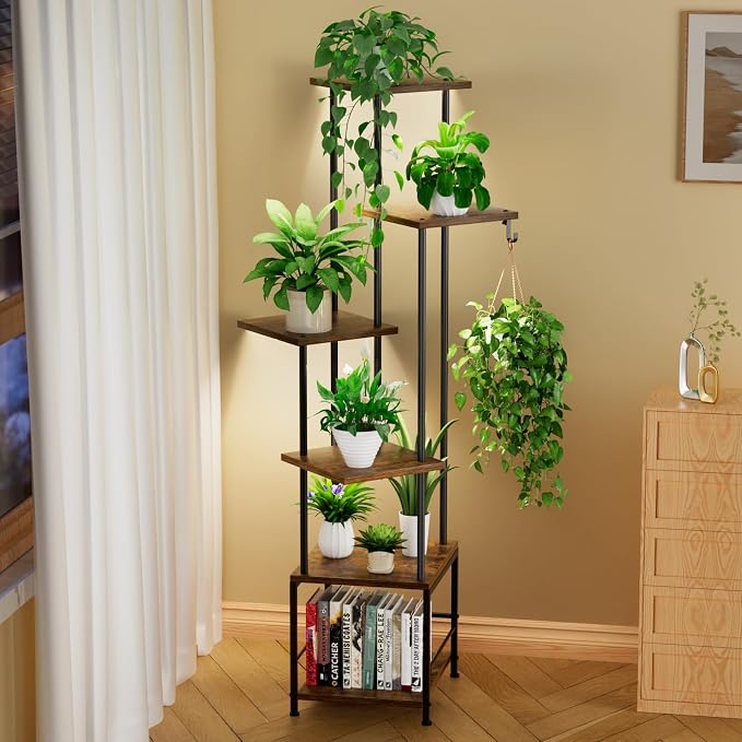Plant Stand Indoor with Grow Light - 6-Tier Metal Plant Shelf with Hanging Basket Hook, Corner Tall Flower Holder for Multiple Plants, Living Room Balcony Garden Patio, Rustic Brown
