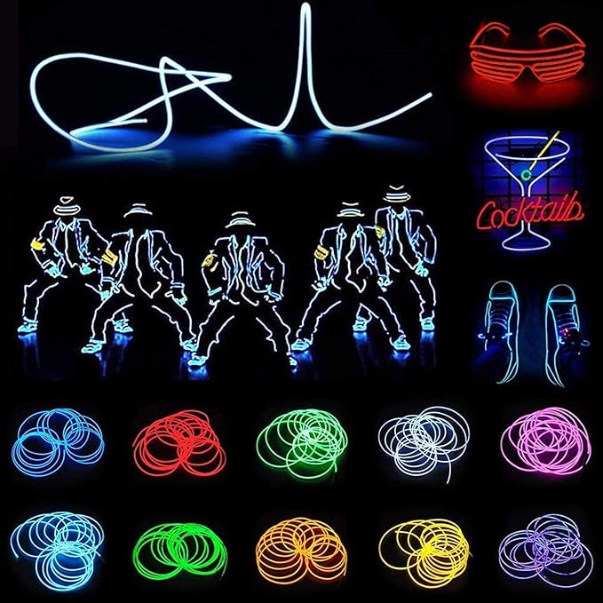 JIGUOOR USB Rechargeable EL Wire 32.8ft/10m (5mx2) Bright Neon Light Strip 360° Illumination Neon Tube Rope Lights for DIY, Festival, Party Decoration, Halloween, Chrismas (32.8ft/10M, Yellow)