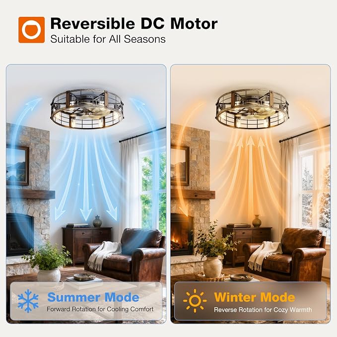 addlon 24" Caged Ceiling Fans with Lights and Remote, Low Profile Fandelier | Wider Airflow, 1/2/4/8H Timer, 6 Speeds, Reversible DC Motor, 6 E26 Sockets, Farmhouse Style, Quiet Operation