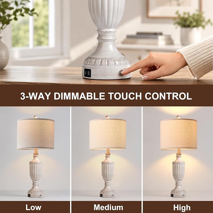 Farmhouse Table Lamps for Bedroom Set of 2, 27.5" Bedside Lamp with USB Ports, Dimmable Nightstand Table Lamp for Living Room