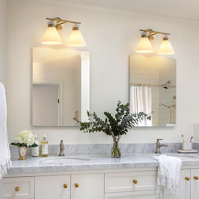 WOSHITU Gold Bathroom Light Fixtures: Modern Vanity Lighting Fixtures 2 Lights for Bathroom Mid Century Vanity Light Sconces Over Mirror with Frosted Milky Glass for Bath Bedroom Makeup