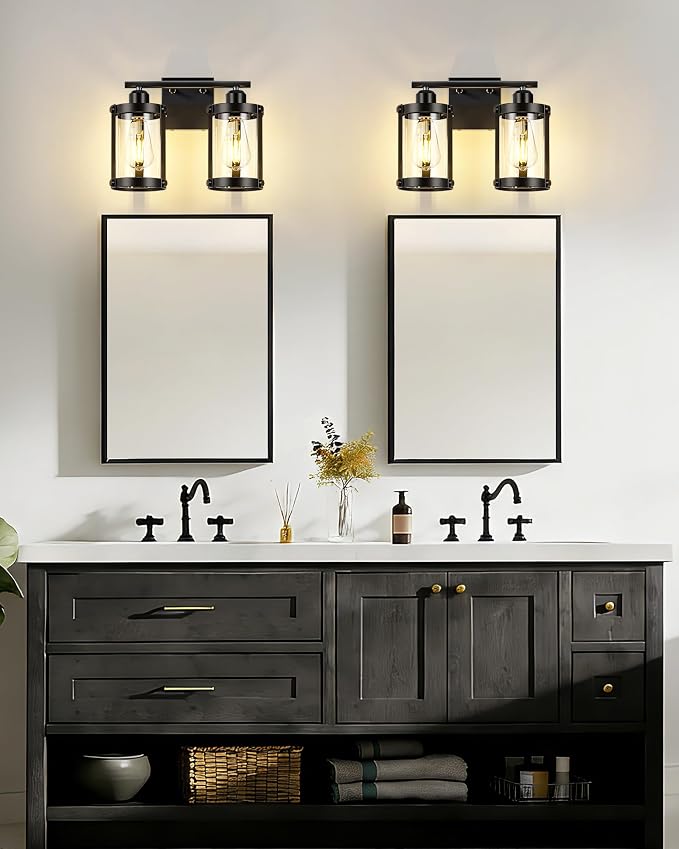 2-Light Black Bathroom Light Fixtures, 13.8 Inch Modern Bathroom Vanity Lighting Fixtures Over Mirror with Clear Glass and Metal Cage Wall Sconce Lights for Bath, E26, OS-3014BK-2W