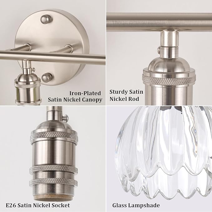 Bathroom Light Fixtures, 3-Light Vanity wall Light Over Mirror with Clear Tulip Glass Shade for Bedroom Living Room (Bulb Not Included), Satin Nickel