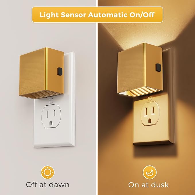 L LOHAS LED Night Light,Night Lights Plug into Wall,[2-Pack] | Dimmable Night Light with Light Sensor,3000K Warm White,Gold Nightlight for Bathroom Hallway Kitchen