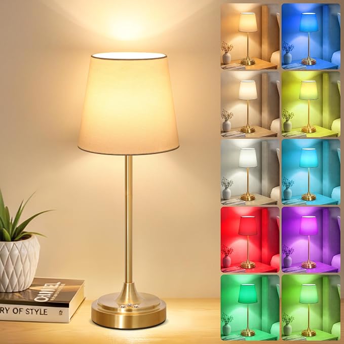 Wowag Cordless Table Lamp Rechargeable,5000mAh Battery Operated Desk Lamp,3 Colors & 7 RGB Stepless Dimmable,Touch Control Ambient Light for Bedside,Bedroom,Dining Room,Living Room,Gold,WhiteShade