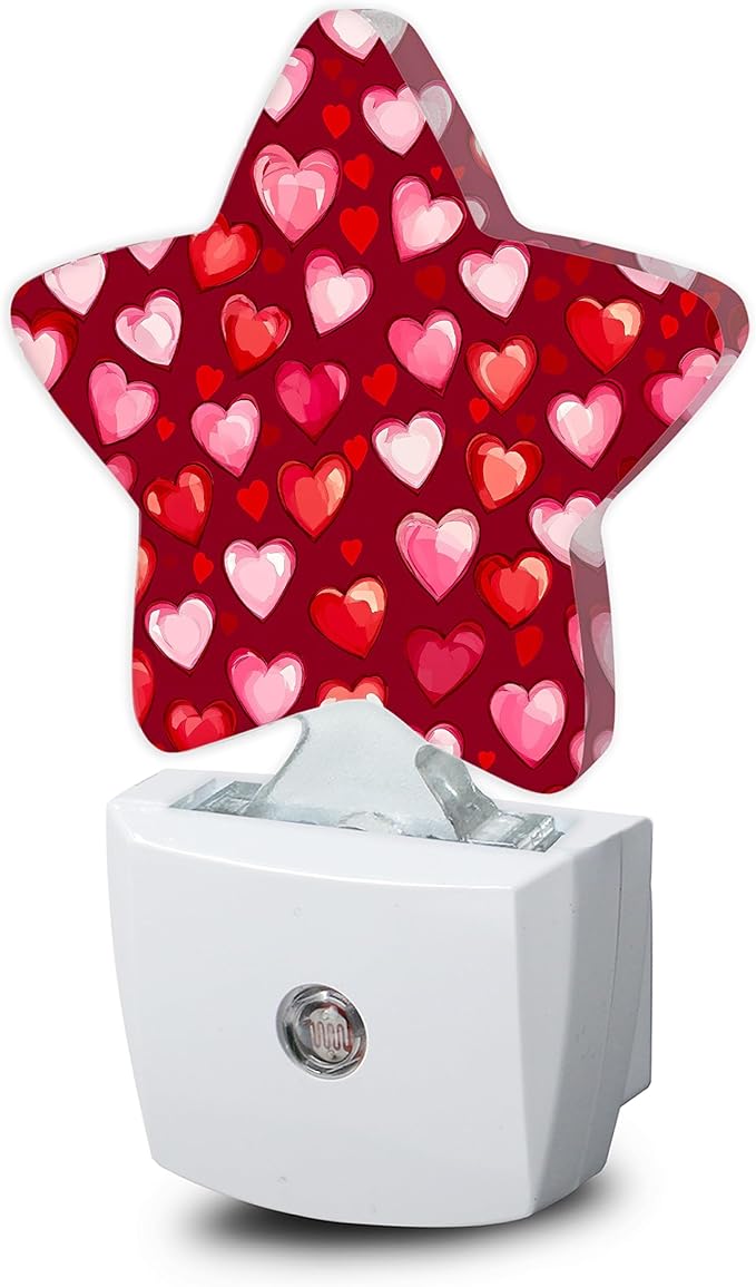 Night Light,Red Pink Love Heart Plug into Wall with Dusk to Dawn Light Sensors,Cute Hearts Warm Star Nightlights for Bedroom,Bathroom,Hallway,Kitchen Home Decor Desk Lamp
