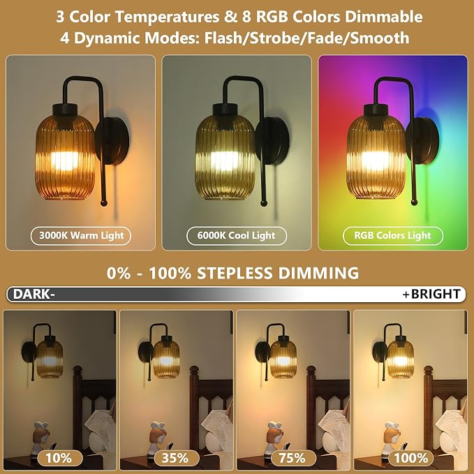 LAMSU Black Battery Operated Wall Sconces Set of 2, Rechargeable Wireless Wall Lights with Amber Stripe Glass Shade, Remote and Bulb, Vintage Cordless Sconce Wall Decor for Bedroom Living Room