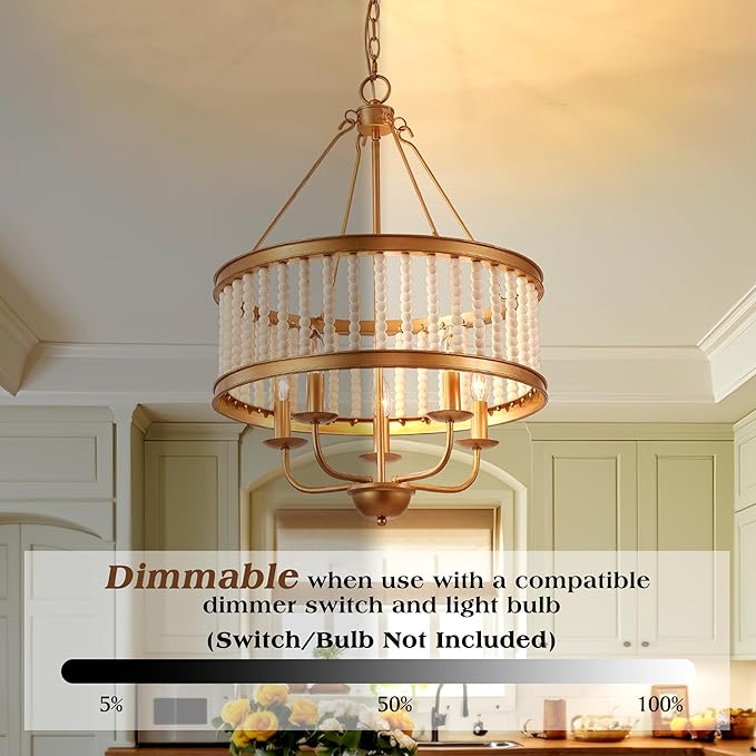 Farmhouse Chandeliers for Entryway Dining Room 5-Light Drum Pendant Chandelier Boho Wood Beaded Vintage Handmade Distressed Chandelier Retro Antique Gold Lighting Fixtures Hanging W19.7
