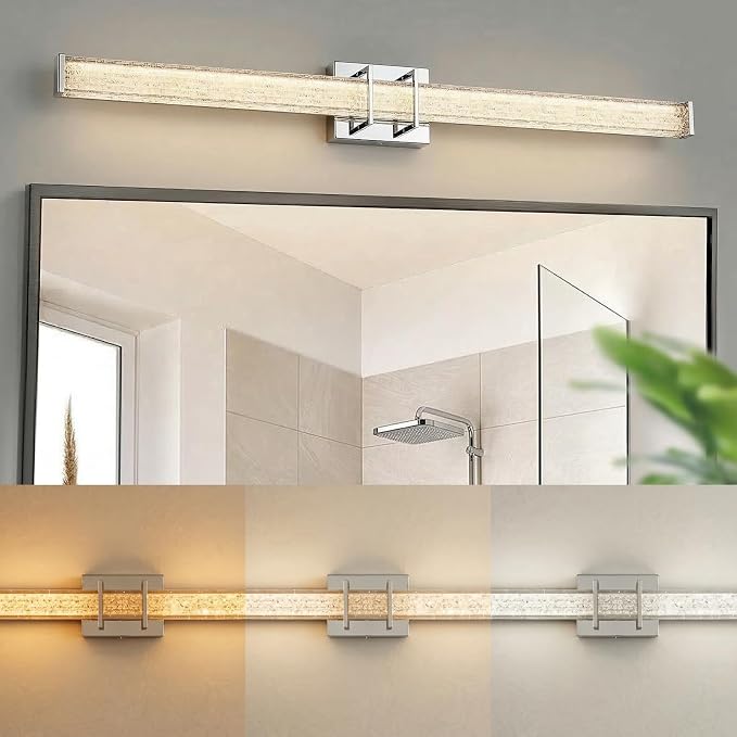 URSOLA 48" Modern LED Bathroom Light Fixtures, Chrome 3CCT Dimmable Bathroom Vanity Light Over Mirror, Bathroom Vanity Bath Bar Lights with Crystal Acrylic Shade