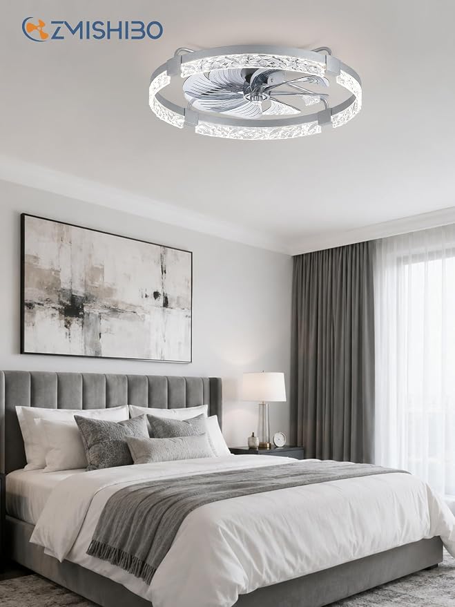 ZMISHIBO 24 Inch Ceiling Fans with Lights, Flush Mount Remote & App Control | 3CCT Dimmable LED, DC Motor, Bladeless, Reversible Blade, 6 Speeds, Modern, Low Profile, Enclosed, Bedroom, Kids, Girl, Adult