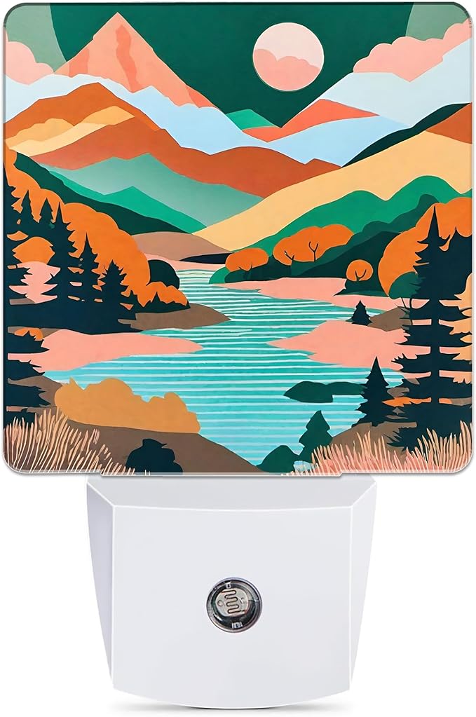 Pink Moon Mountain Night Light, River Plug into Wall with Dusk to Dawn Light Sensors, Warm Nightlights for Bedroom, Bathroom, Hallway, Kitchen, Gifts Ideal for Girls Women