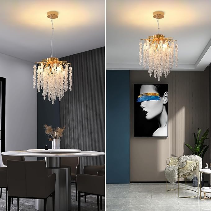 Crystal Tree Branch Chandelier Gold Roud Raindrop Pendant Light Tassel Ceiling Hanging Light Fixtures for Bedroom Living Room Dining Room Entryway Dia 12"