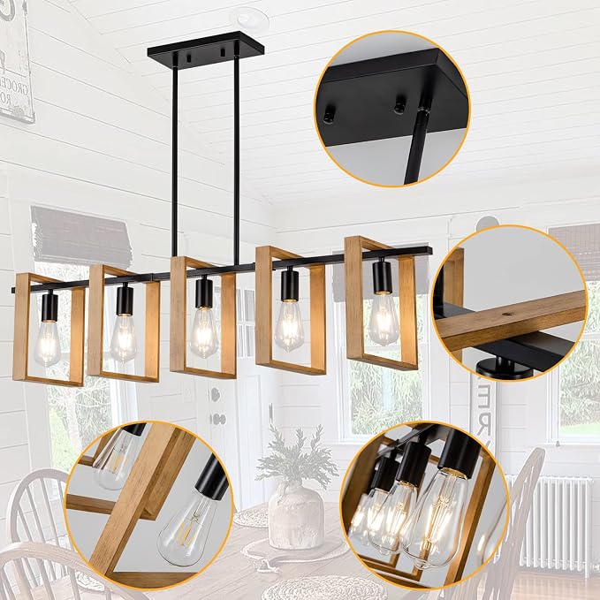 Dining Room Chandelier Farmhouse Kitchen Island Lights Ceiling Hanging 5 Lights Wood and Black Light Fixture Rustic Pendant Lighting 41.3"