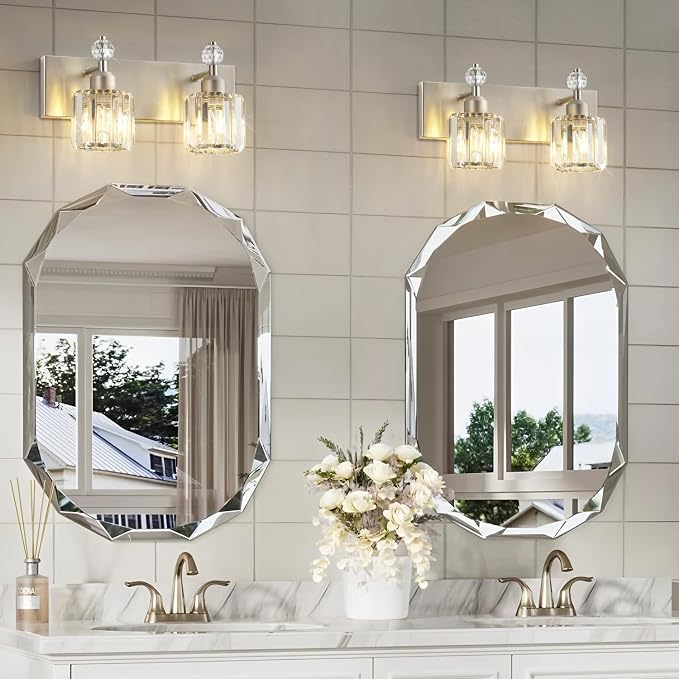 PRESDE 2-Light Crystal Bathroom Vanity Light, Brushed Nickel Modern Bath Lighting Fixture Over Mirror, Wall Sconce Lamp