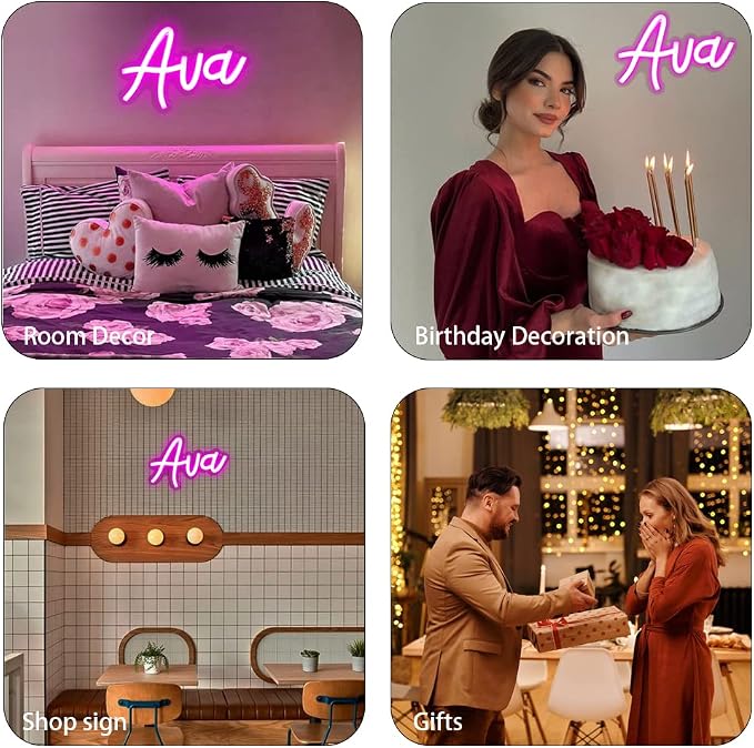 WonderfulLife Ava Name Neon Sign for Room Decor,Non customized, Personalized Led Sign for Birthday Party Decoration,Pink Light Up Wall Decor.